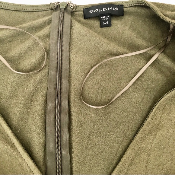 Solemio asymmetrical hem faux suede olive green long sleeve bodycon v-neck dress - Picture 5 of 13